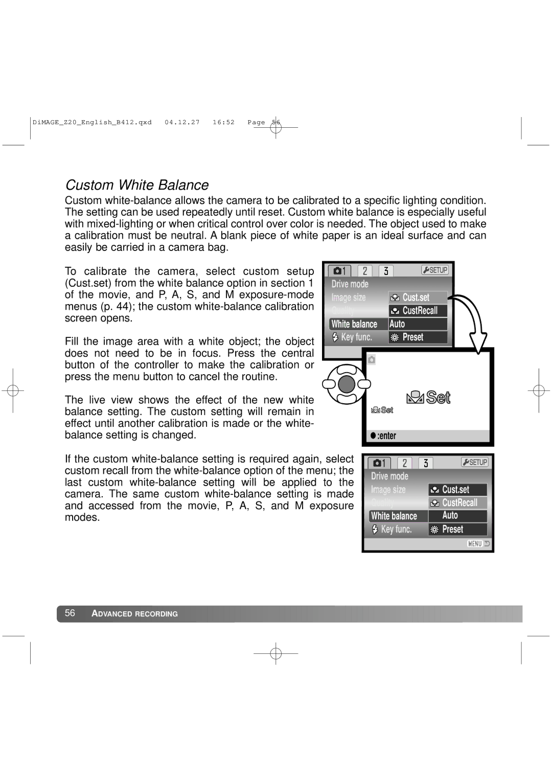 Konica Minolta Z20 instruction manual Custom White Balance 