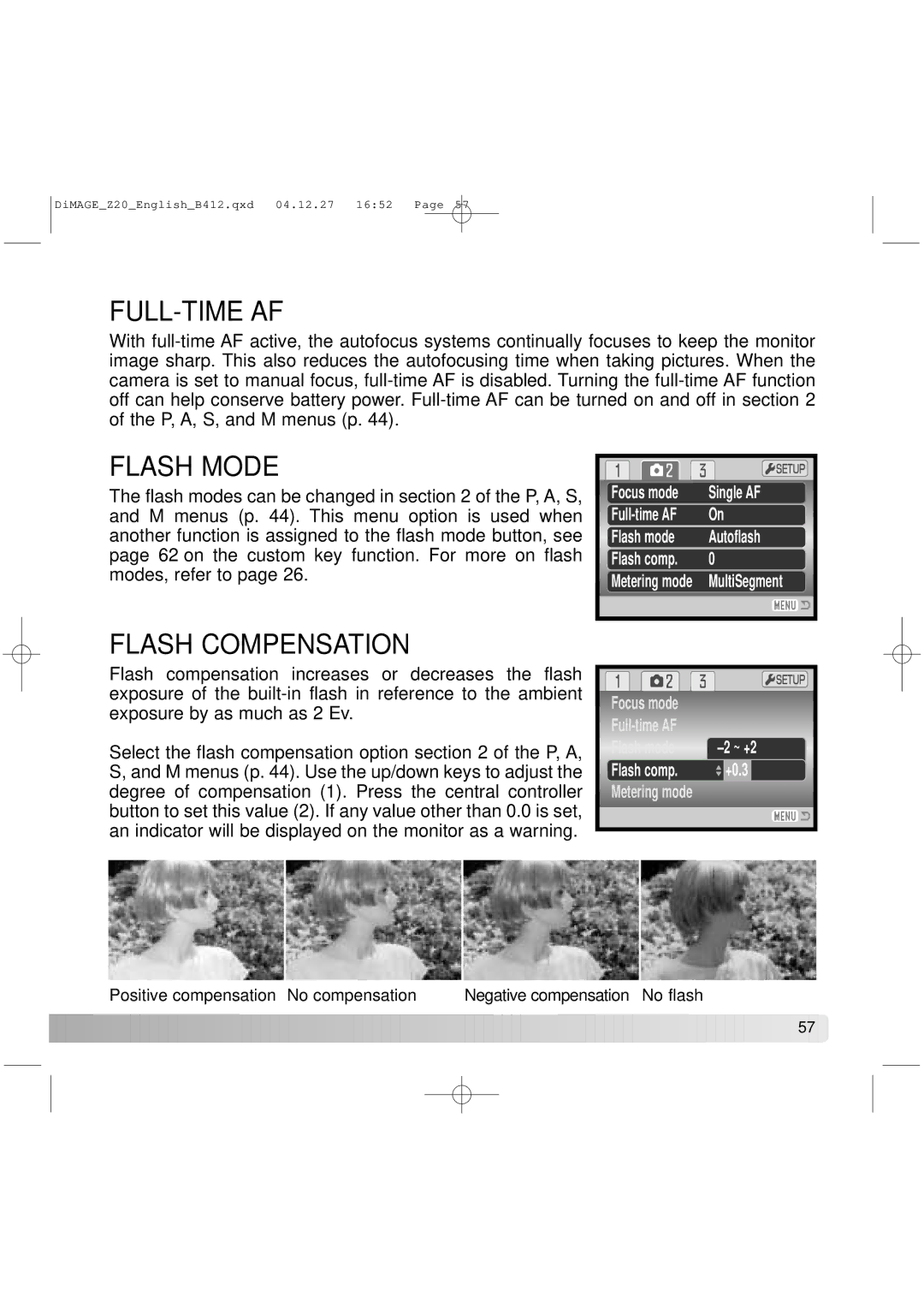 Konica Minolta Z20 instruction manual Full-Time Af, Flash Mode, Flash Compensation 