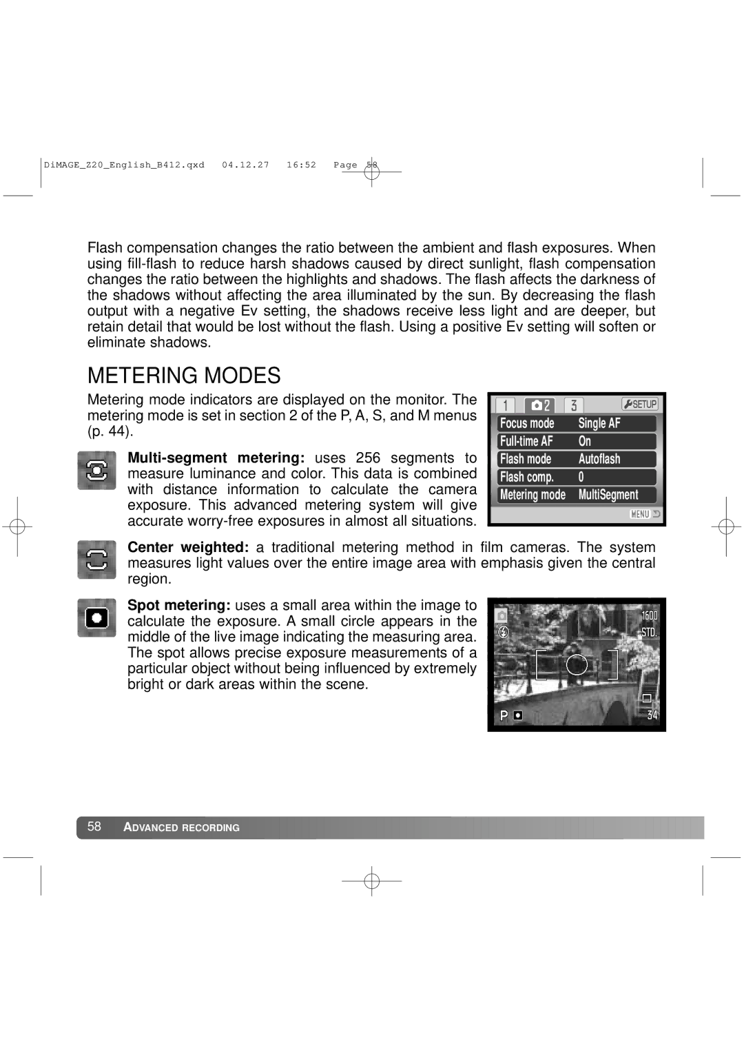 Konica Minolta Z20 instruction manual Metering Modes 