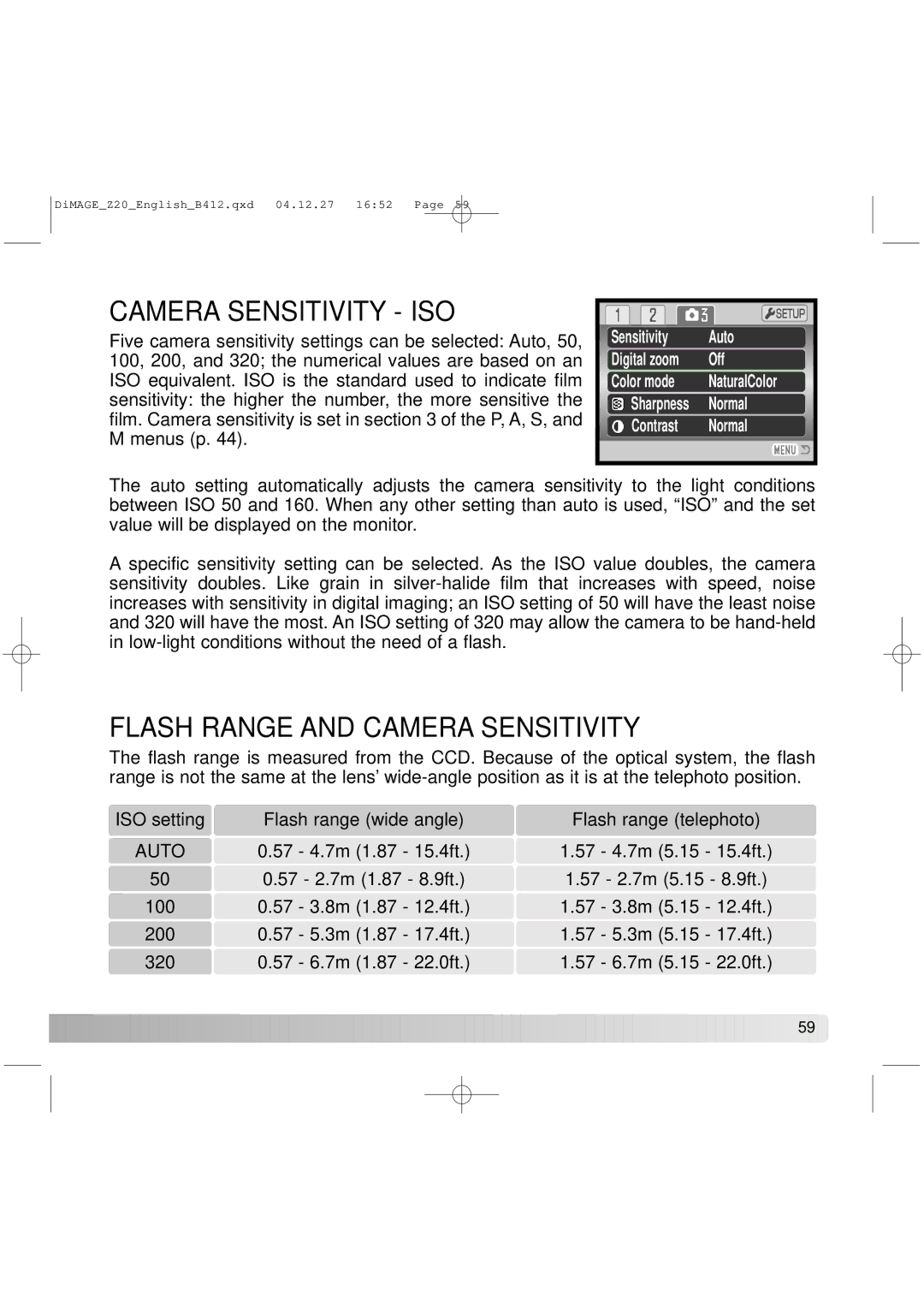 Konica Minolta Z20 instruction manual Camera Sensitivity ISO, Flash Range and Camera Sensitivity 