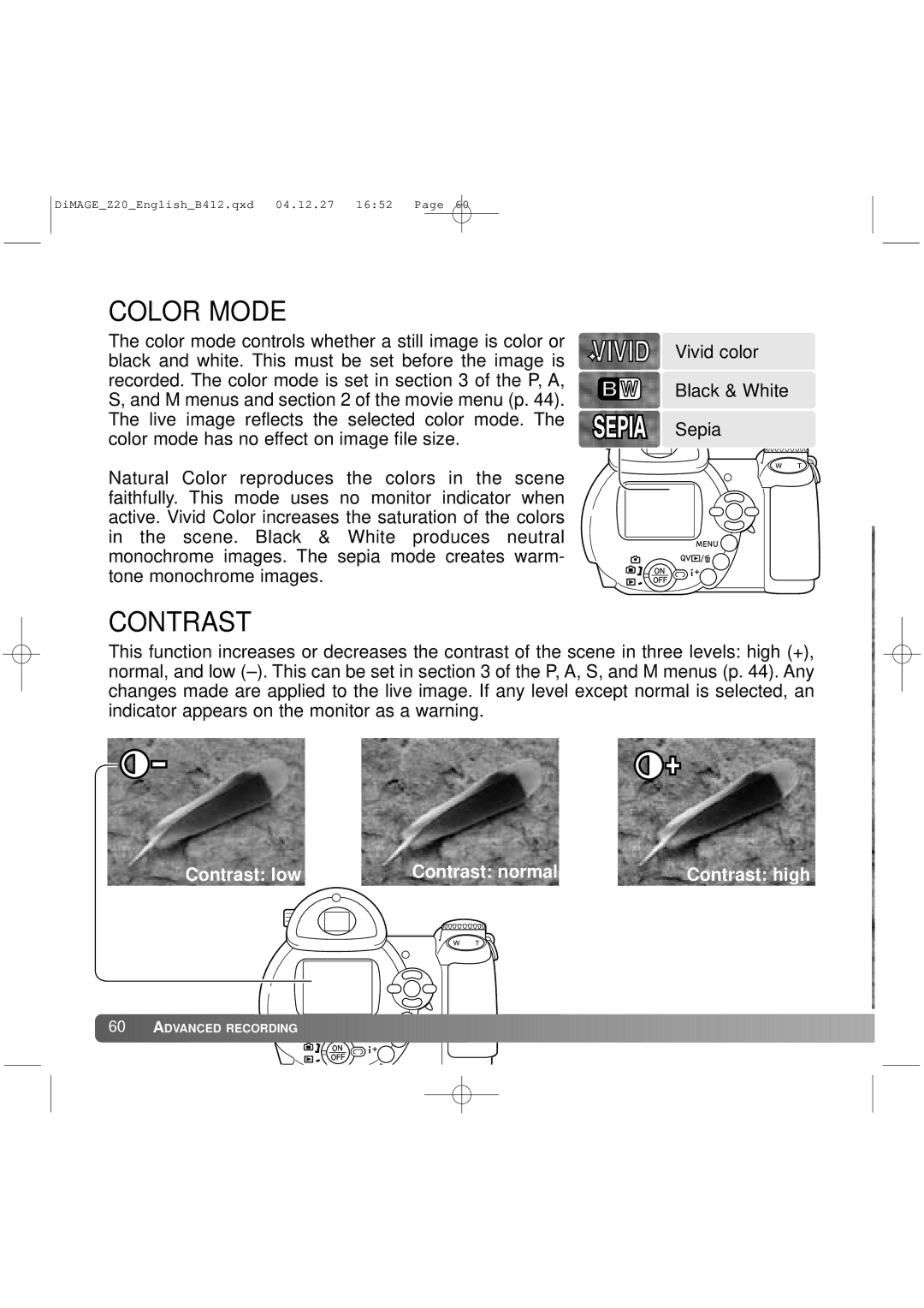 Konica Minolta Z20 instruction manual Color Mode, Contrast 