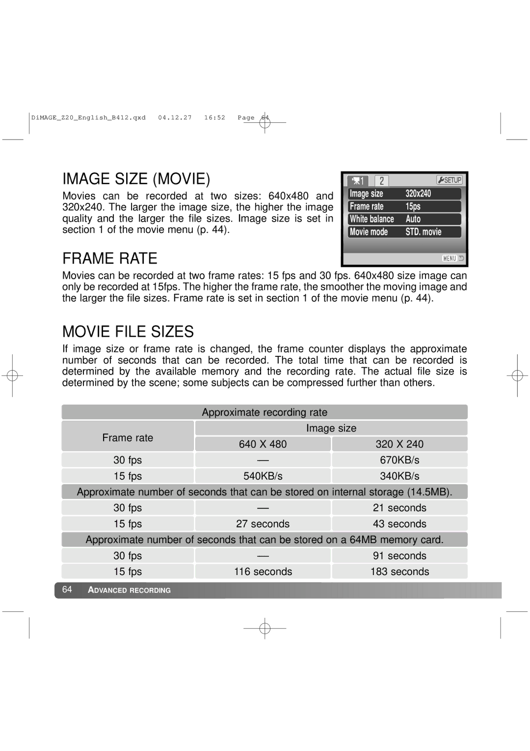 Konica Minolta Z20 instruction manual Image Size Movie, Frame Rate, Movie File Sizes 