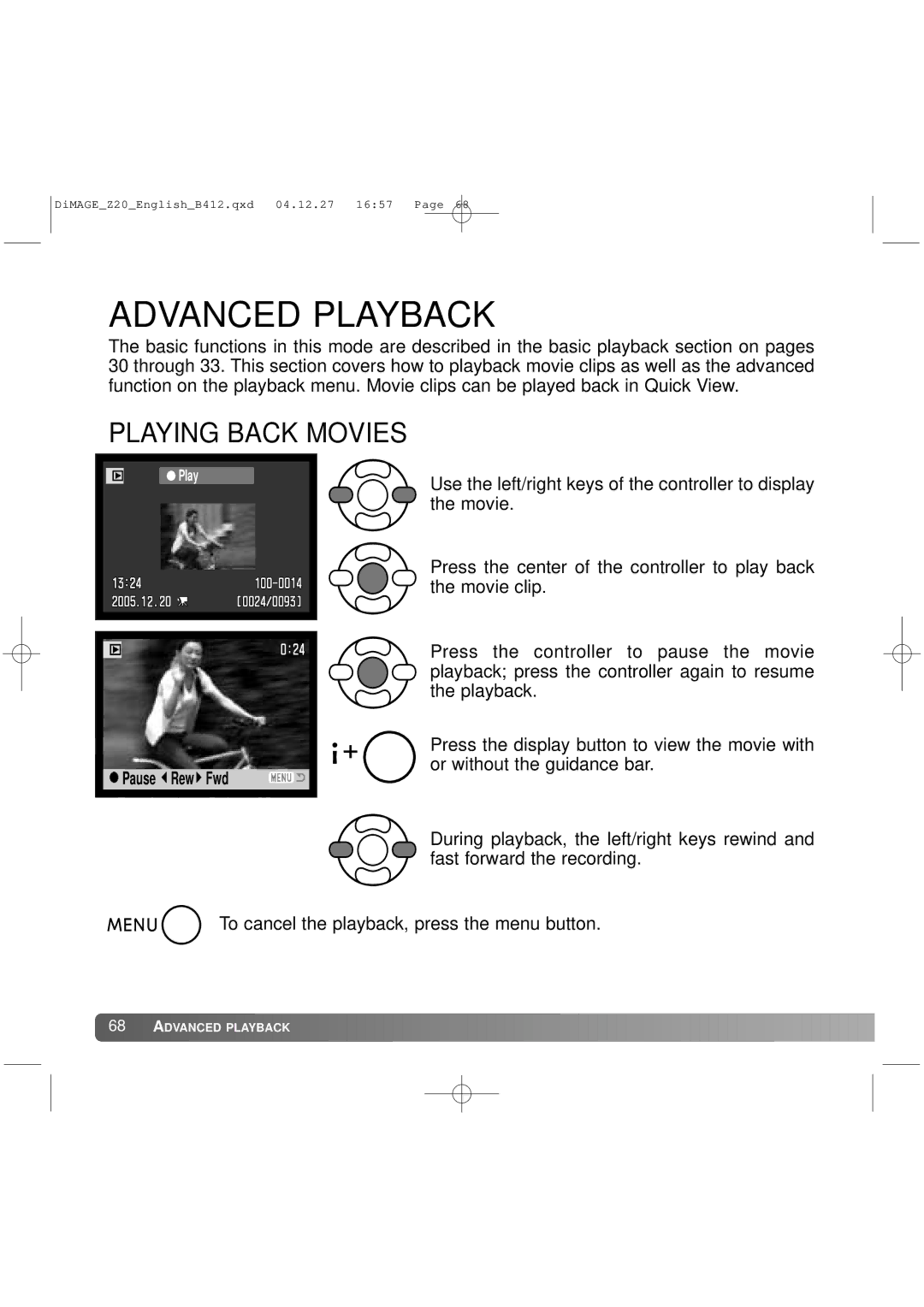 Konica Minolta Z20 instruction manual Advanced Playback, Playing Back Movies 