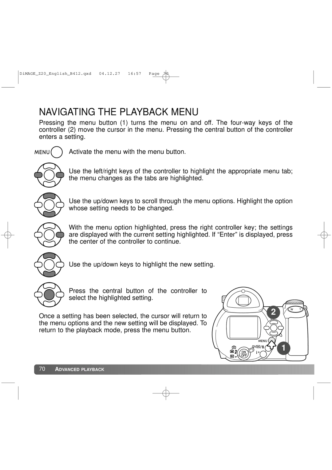 Konica Minolta Z20 instruction manual Navigating the Playback Menu 