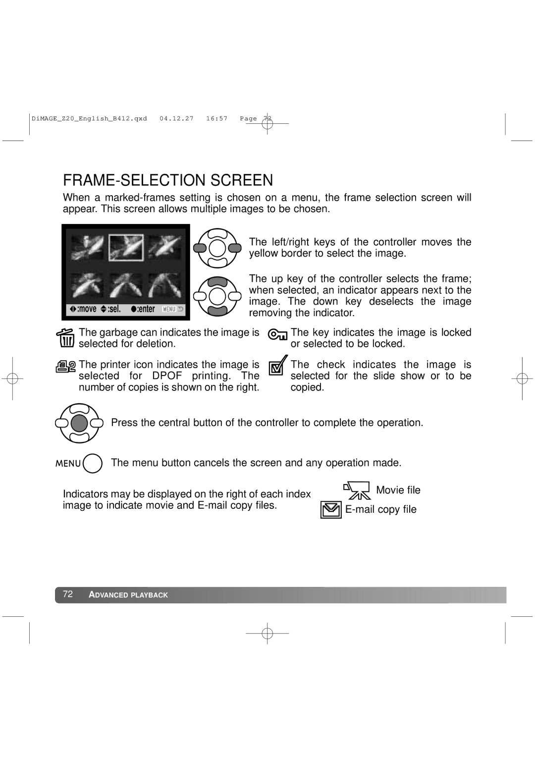 Konica Minolta Z20 instruction manual FRAME-SELECTION Screen 