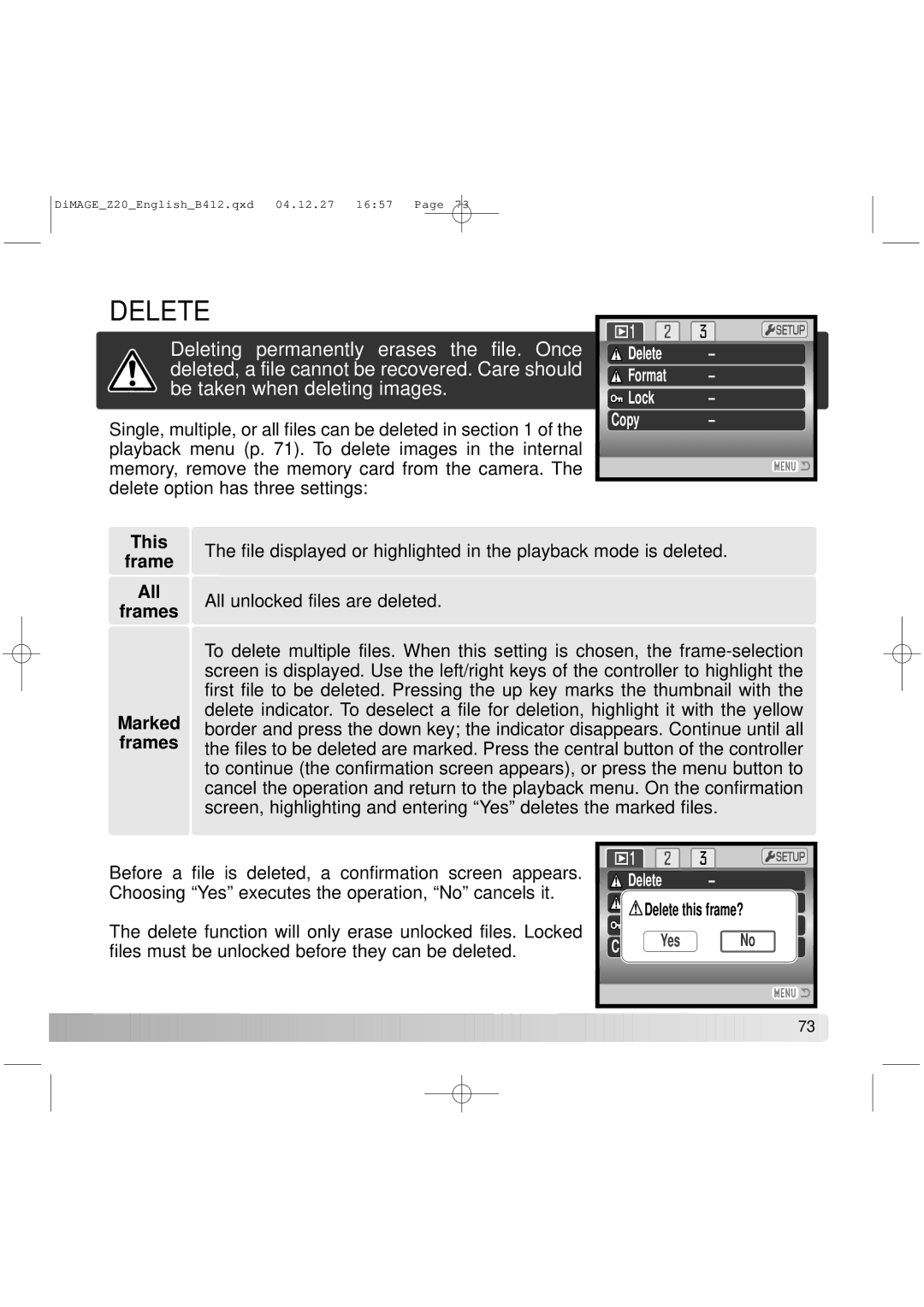 Konica Minolta Z20 instruction manual Delete, This Frame All Frames Marked frames 