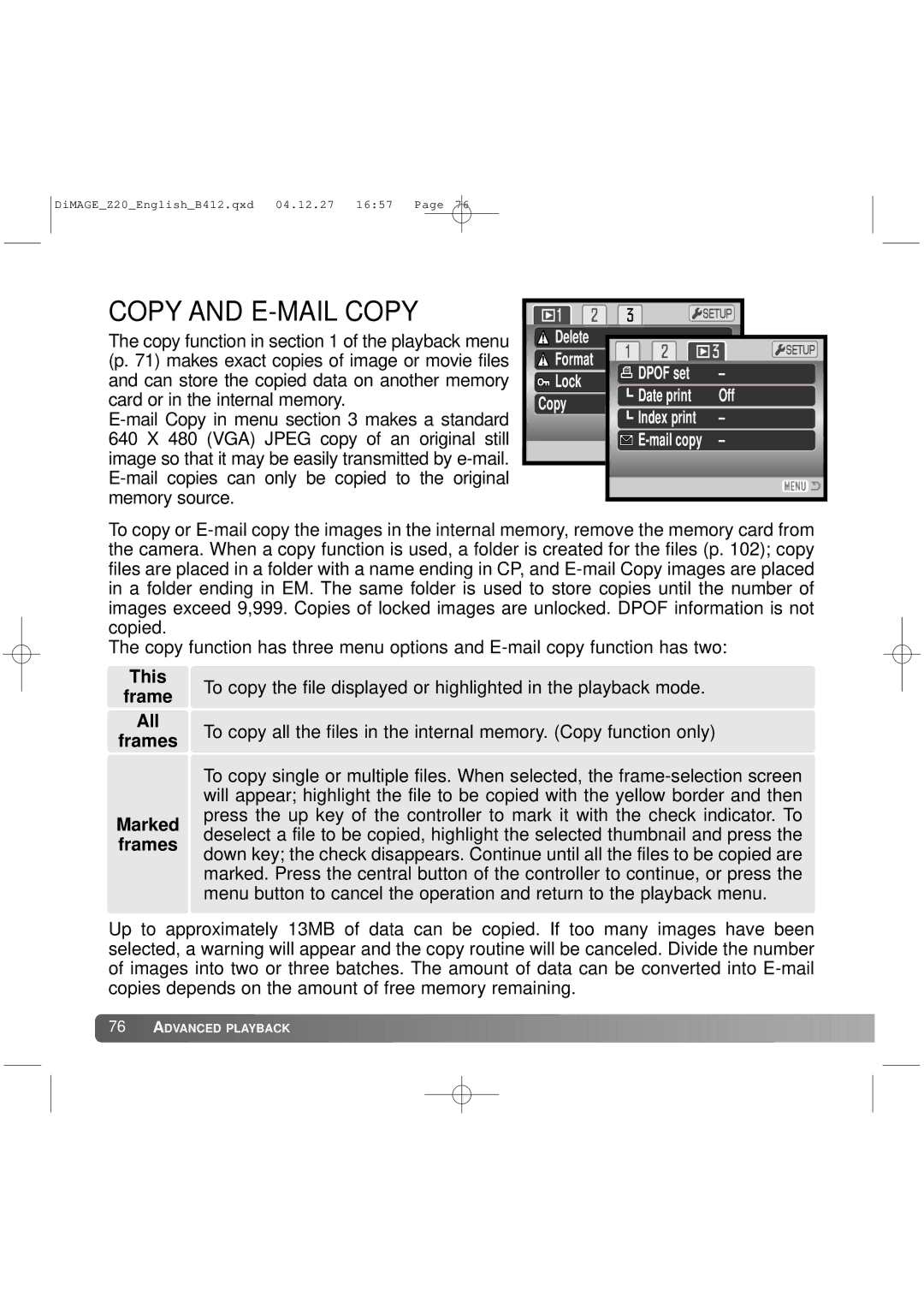 Konica Minolta Z20 instruction manual Copy and E-MAIL Copy, This Frame All Frames 