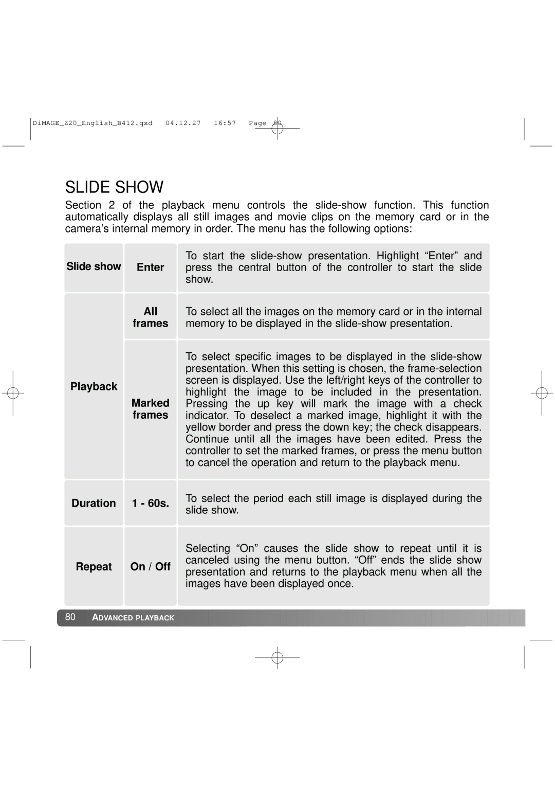 Konica Minolta Z20 instruction manual Slide Show, Slide show Enter 