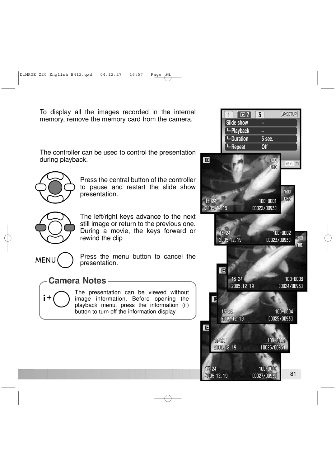 Konica Minolta Z20 instruction manual Slide show Playback Duration 