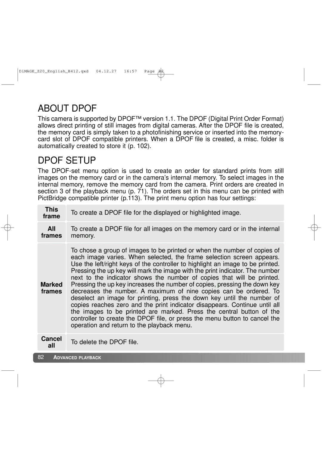 Konica Minolta Z20 instruction manual About Dpof, Dpof Setup 