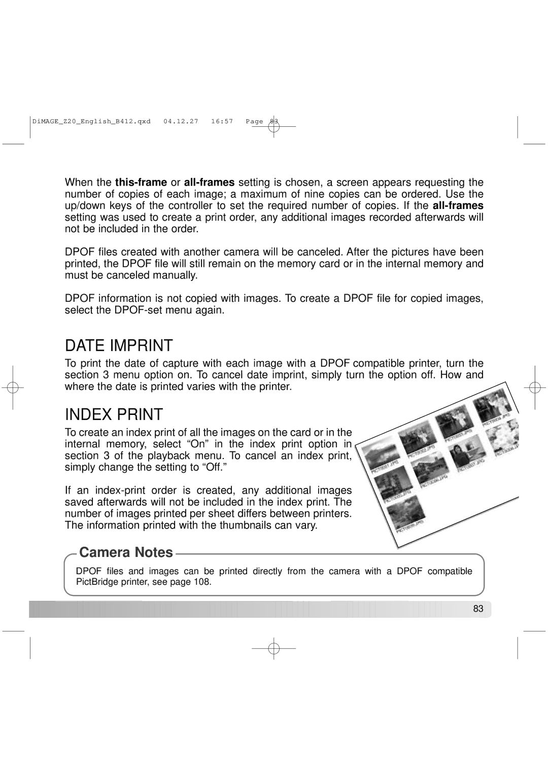 Konica Minolta Z20 instruction manual Date Imprint, Index Print 