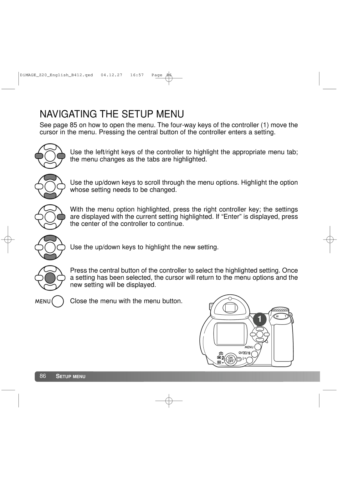 Konica Minolta Z20 instruction manual Navigating the Setup Menu 