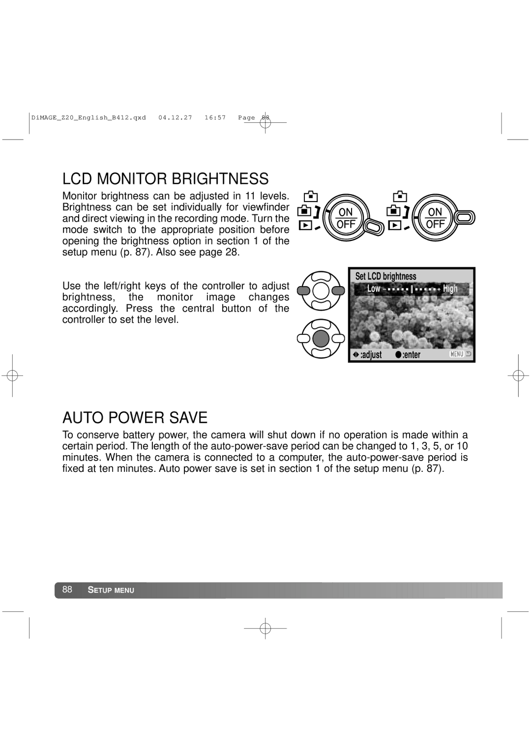 Konica Minolta Z20 instruction manual LCD Monitor Brightness, Auto Power Save 