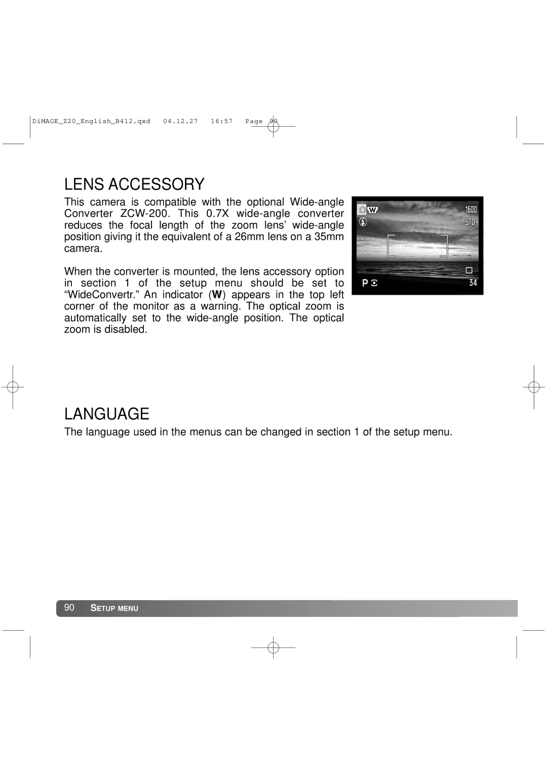 Konica Minolta Z20 instruction manual Lens Accessory, Language 