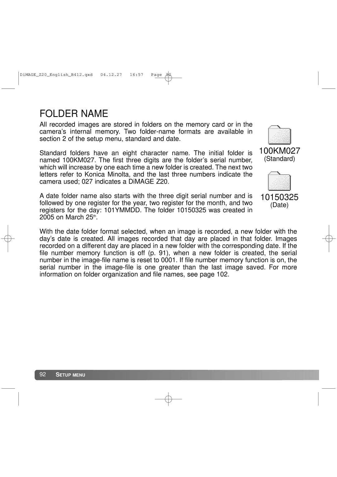 Konica Minolta Z20 instruction manual Folder Name, 100KM027 