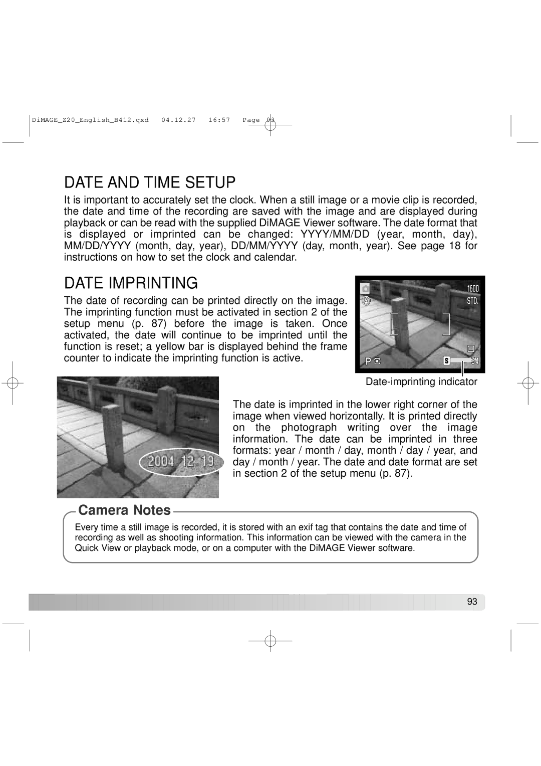 Konica Minolta Z20 instruction manual Date and Time Setup, Date Imprinting 