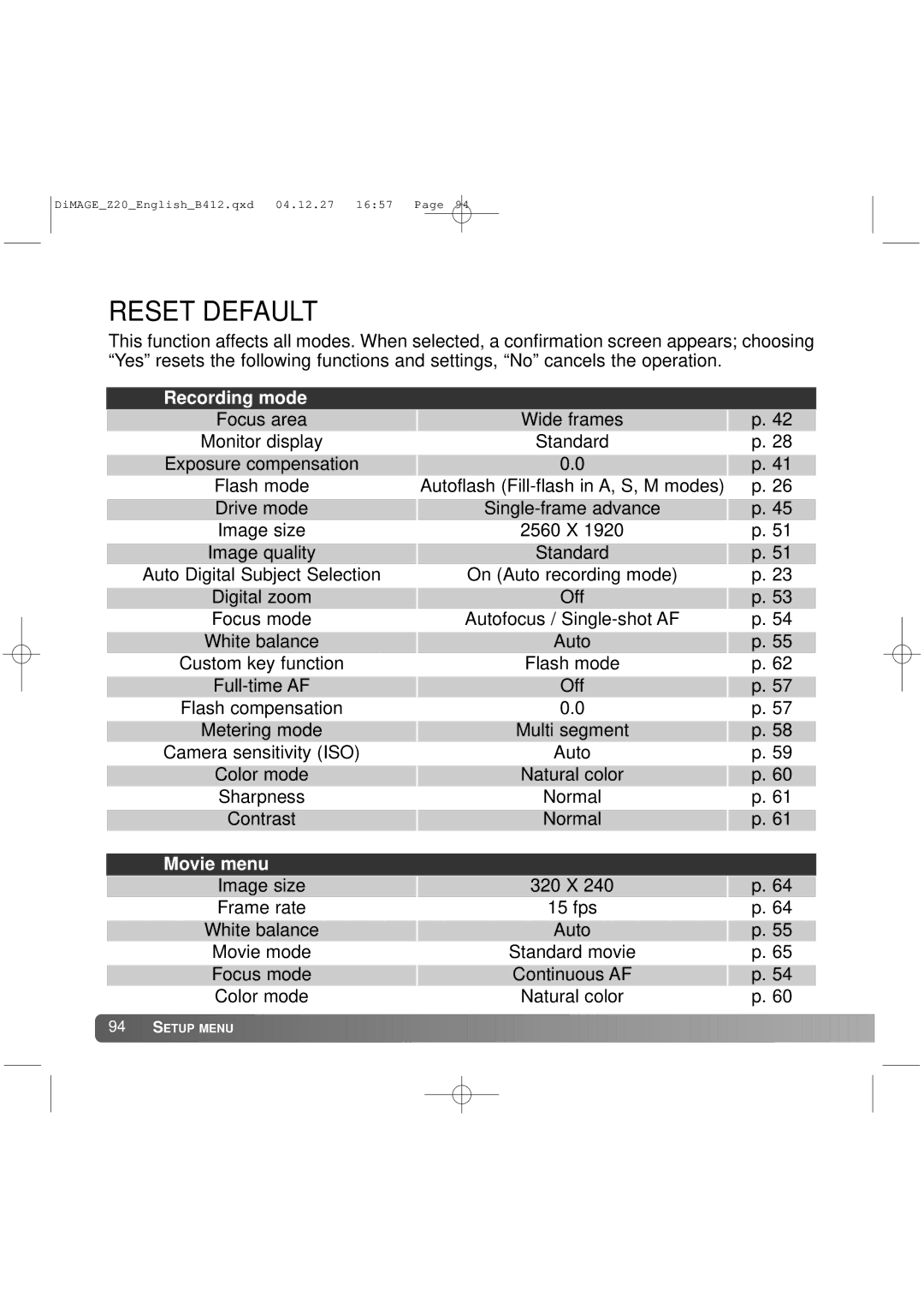 Konica Minolta Z20 instruction manual Reset Default, Recording mode 