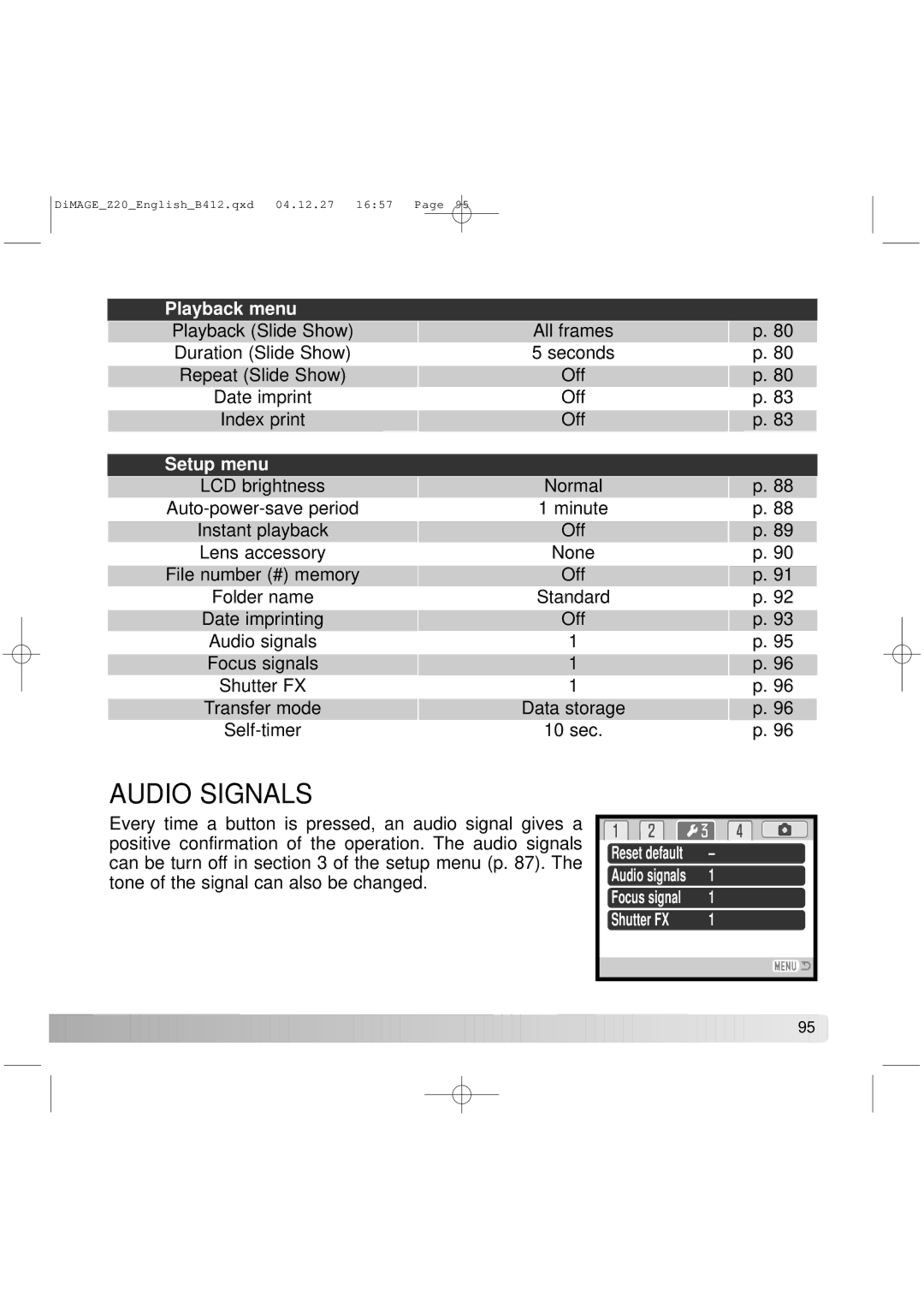 Konica Minolta Z20 instruction manual Audio Signals, Playback menu 