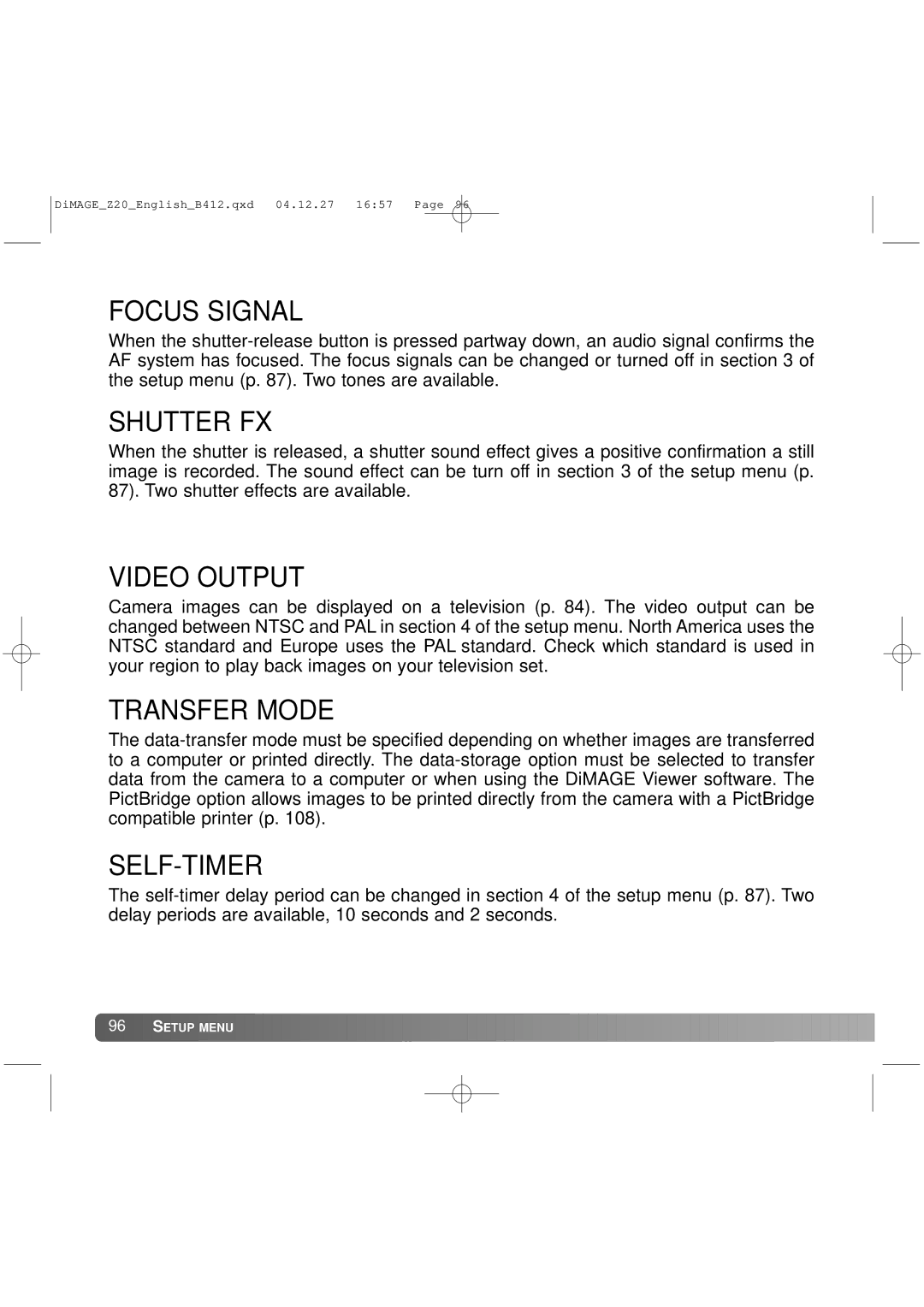 Konica Minolta Z20 instruction manual Focus Signal, Shutter FX, Video Output, Transfer Mode 