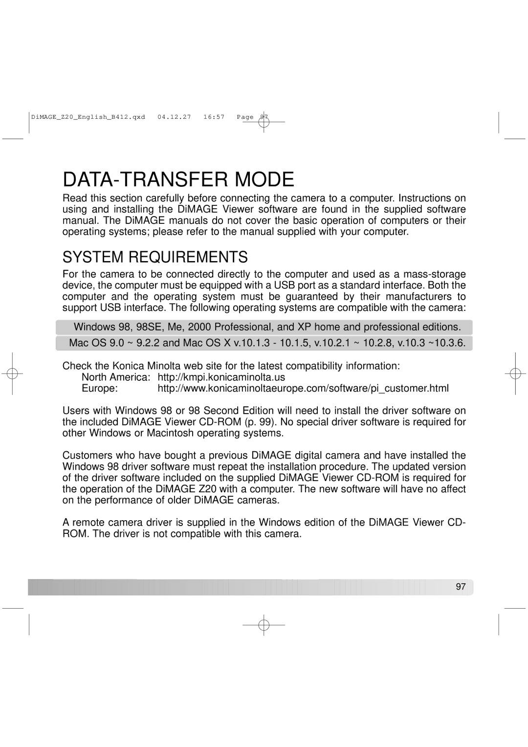 Konica Minolta Z20 instruction manual DATA-TRANSFER Mode, System Requirements 