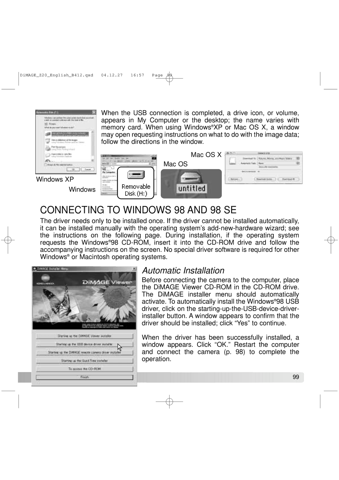 Konica Minolta Z20 instruction manual Connecting to Windows 98 and 98 SE, Automatic Installation 