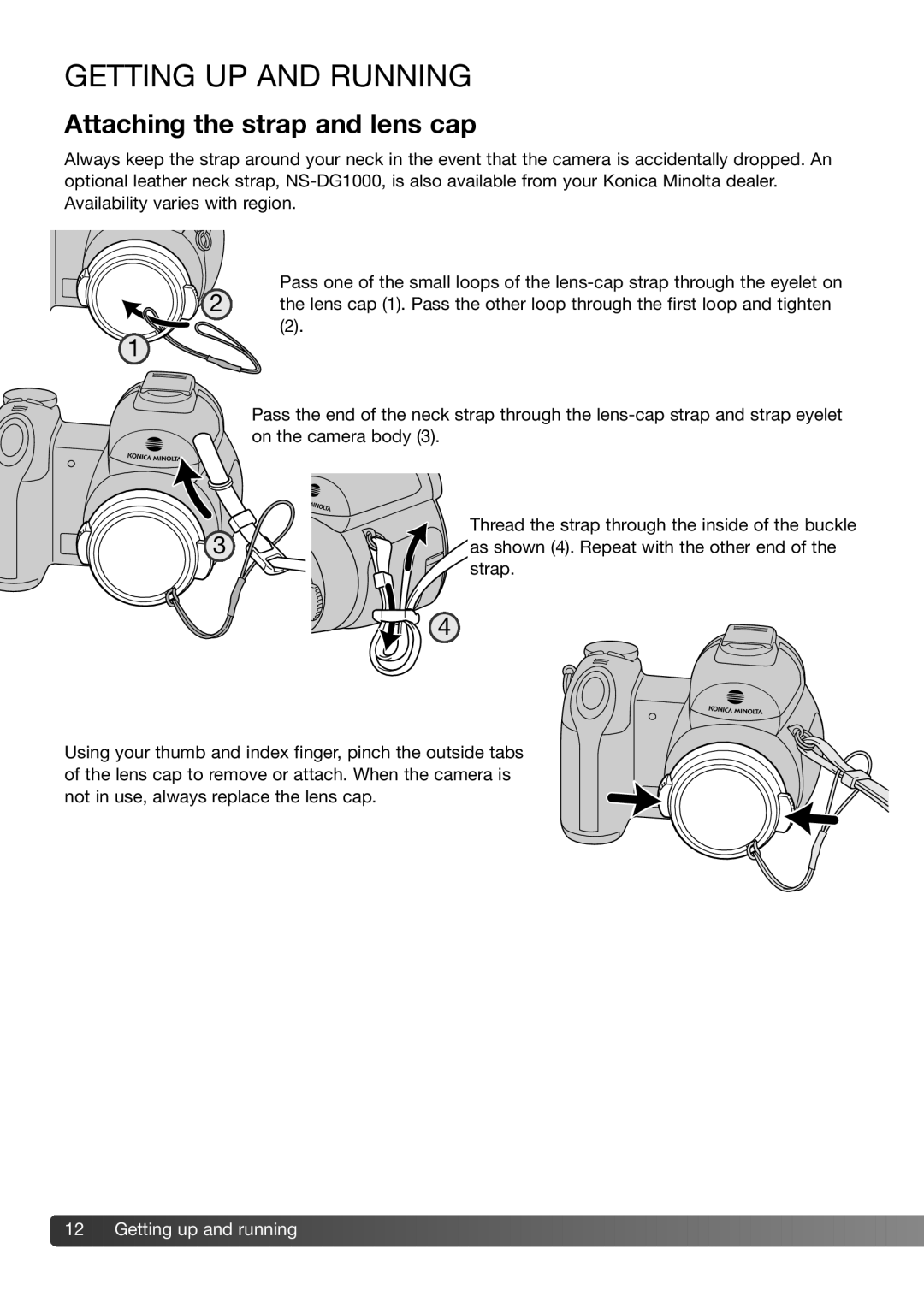 Konica Minolta Z3 instruction manual Getting UP and Running, Attaching the strap and lens cap 