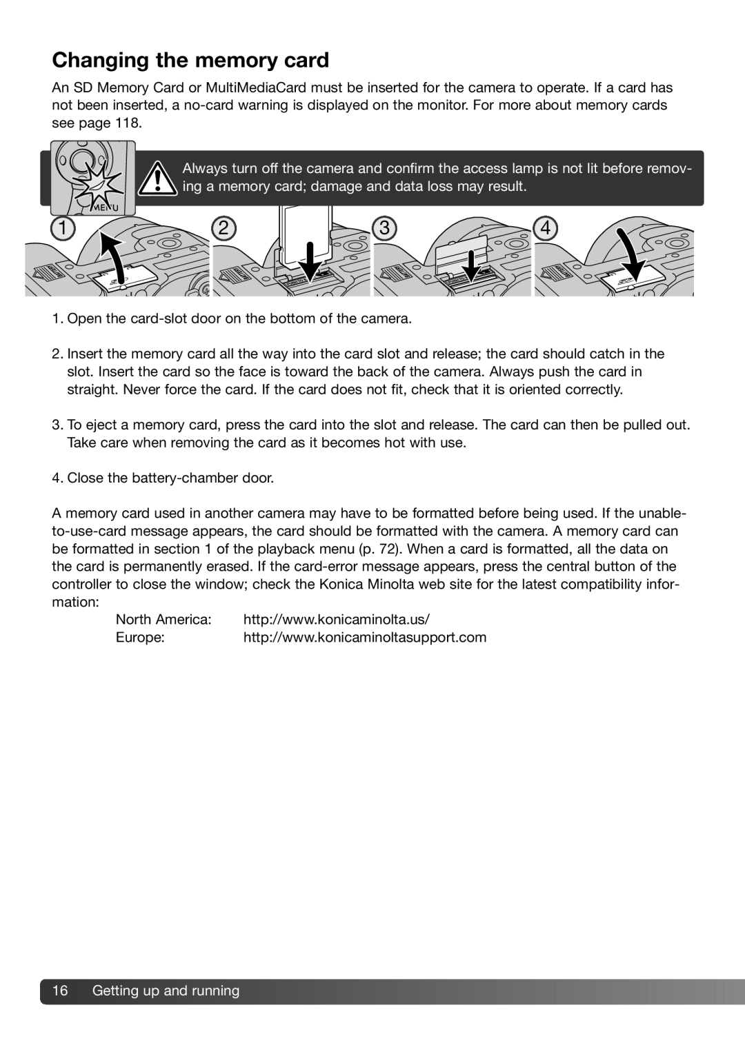 Konica Minolta Z3 instruction manual Changing the memory card 