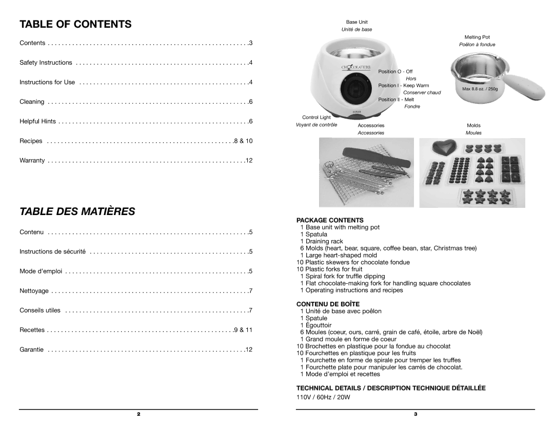 Koolatron CM10 warranty Table DES Matières 