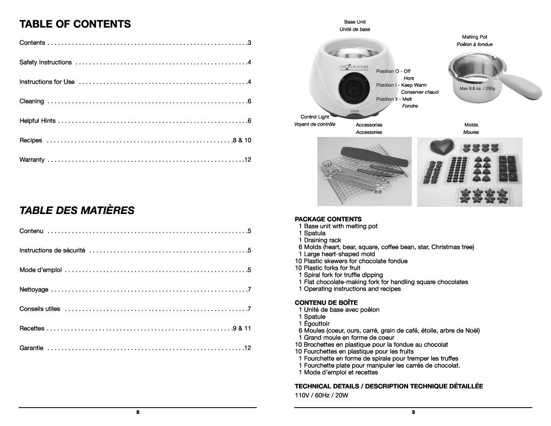 Koolatron CM10 warranty Table Of Contents, Table Des Matières 