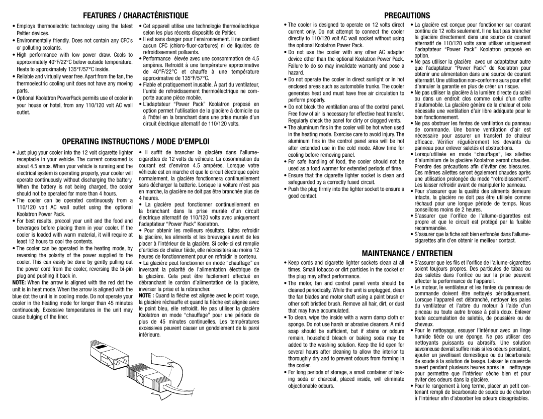 Koolatron CP-20 Optional Koolatron Power Pack, Hazard, Perform properly, ’adaptateur Power Pack Koolatron proposé en 