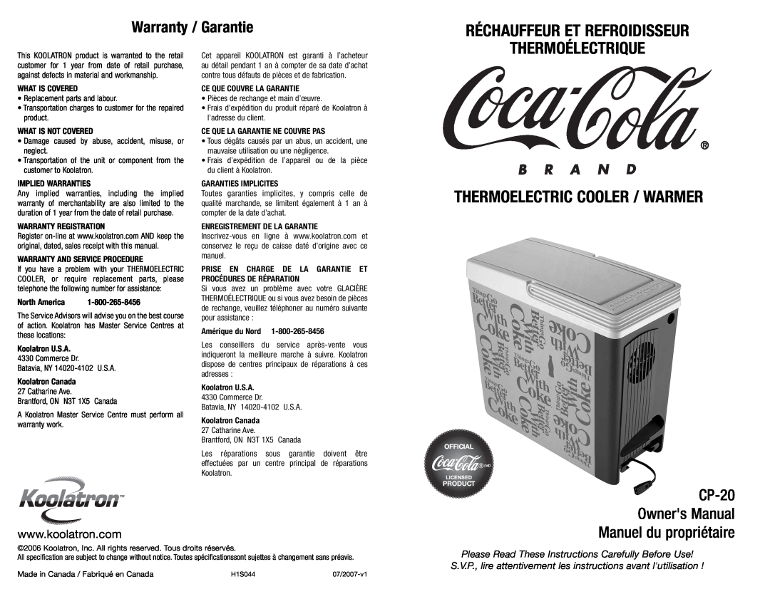 Koolatron CP-20 warranty Réchauffeur Et Refroidisseur, Thermoélectrique, Thermoelectric Cooler / Warmer 