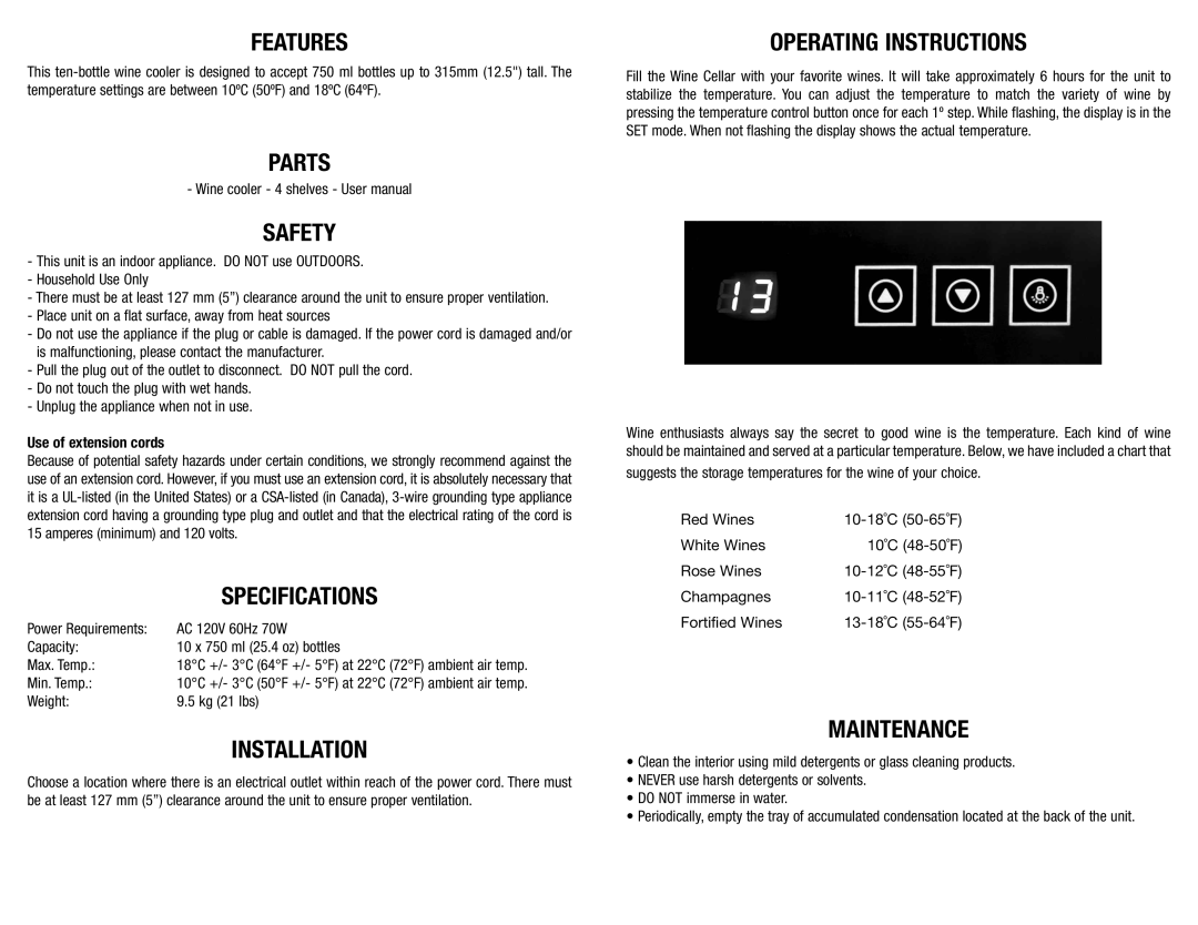 Koolatron KWT10BN warranty Features, Parts Safety, Specifications, Installation, Operating Instructions, Maintenance 