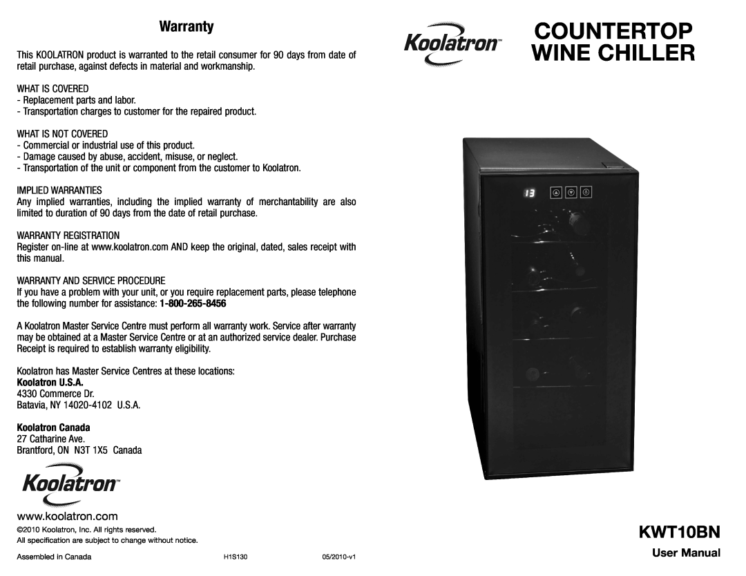 Koolatron KWT10BN warranty Warranty, Countertop Wine Chiller, Koolatron U.S.A, Koolatron Canada 
