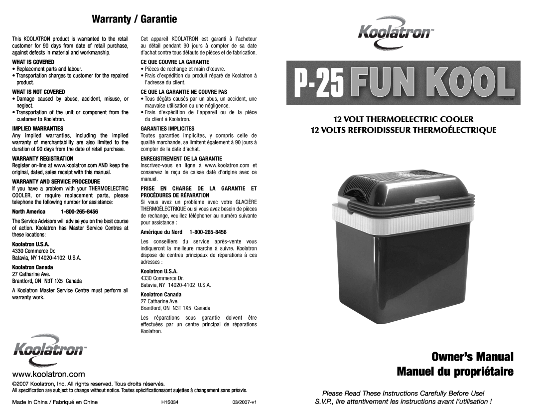 Koolatron P-25 warranty Warranty / Garantie, Volt Thermoelectric Cooler, Volts Refroidisseur Thermoélectrique 