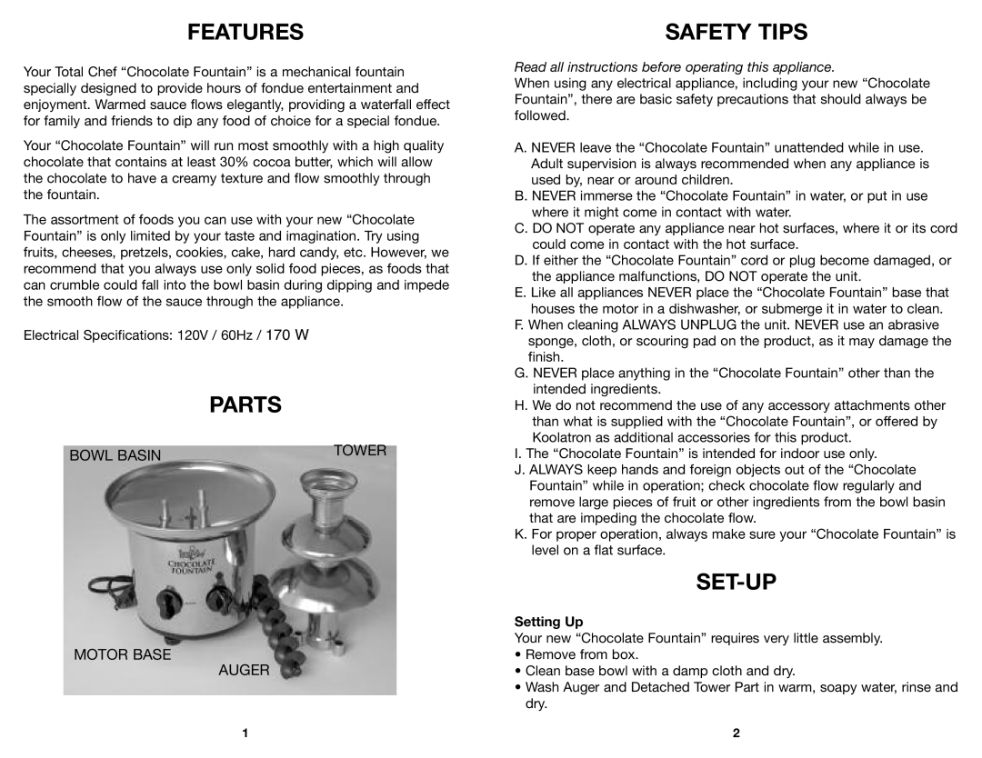 Koolatron TCCSF-02 warranty Features, Parts, Safety Tips, Set-Up, Setting Up 