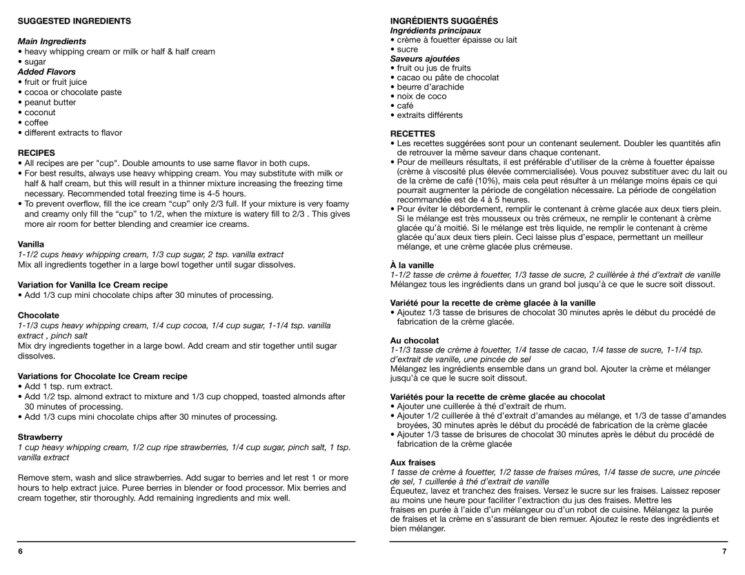 Koolatron TCFT02 warranty Suggested Ingredients, Recipes, Ingrédients Suggérés, Recettes 