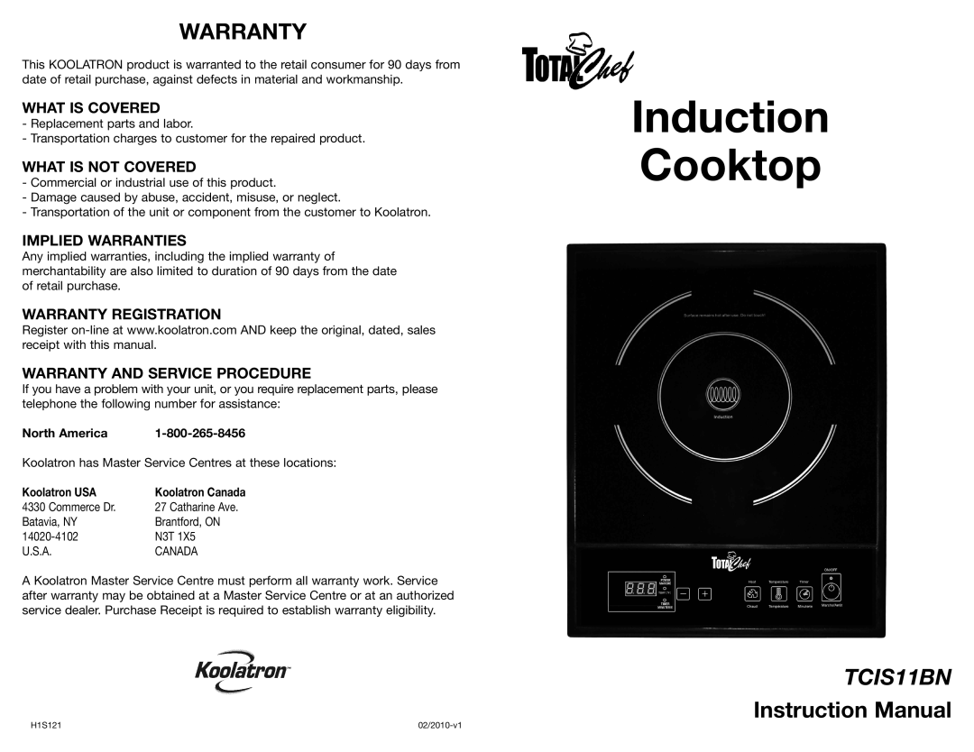 Koolatron TCIS11BN warranty Induction Cooktop 