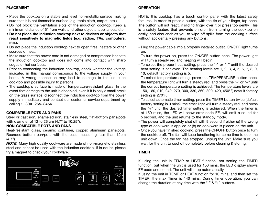 Koolatron TCIS11BN warranty Placement, Compatible Pots and Pans, NON-COMPATIBLE Pots and Pans, Operation, Timer 