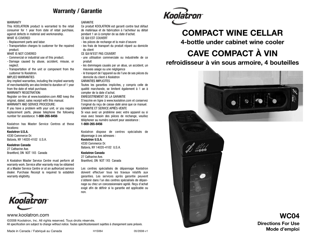 Koolatron WC04 warranty Warranty / Garantie, Bottle under cabinet wine cooler 