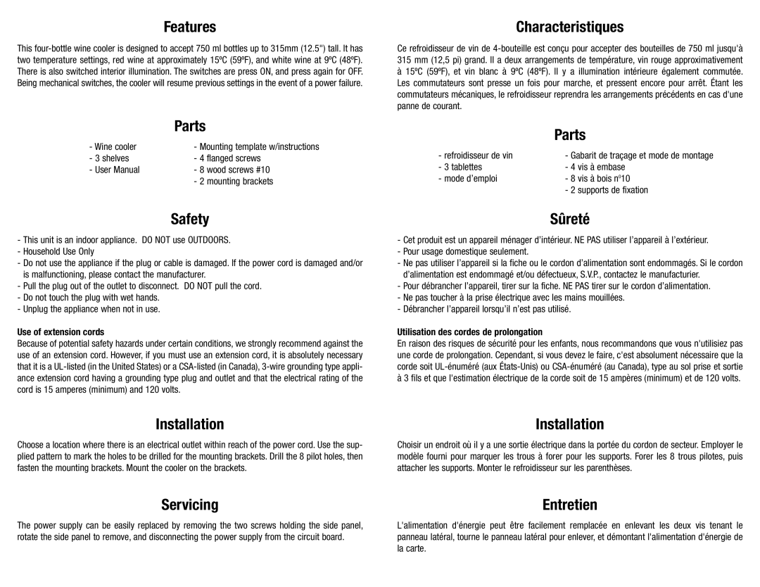 Koolatron WC04 warranty Features, Parts, Safety, Installation, Characteristiques, Sûreté, Servicing 