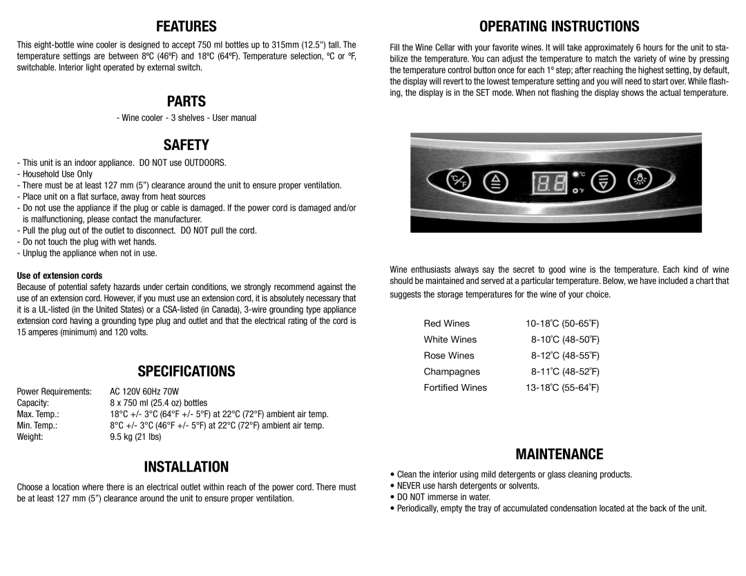 Koolatron WC08 warranty Features, Parts Safety, Specifications, Installation, Operating Instructions, Maintenance 