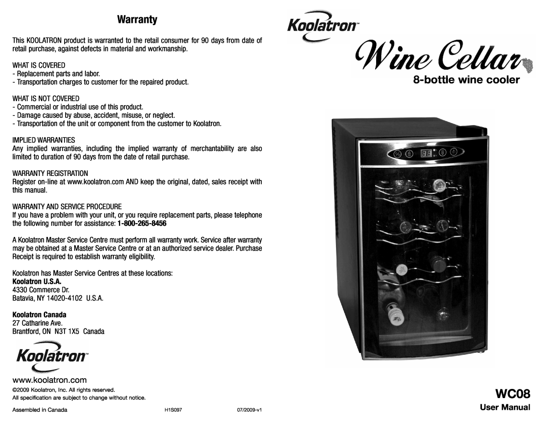 Koolatron WC08 warranty Warranty, bottlewine cooler, Koolatron U.S.A, Koolatron Canada 