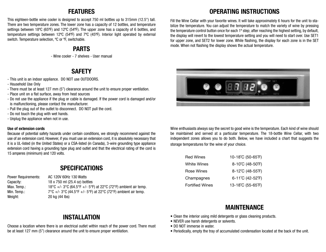 Koolatron WC18 warranty Features, Parts Safety, Specifications, Installation, Operating Instructions, Maintenance 