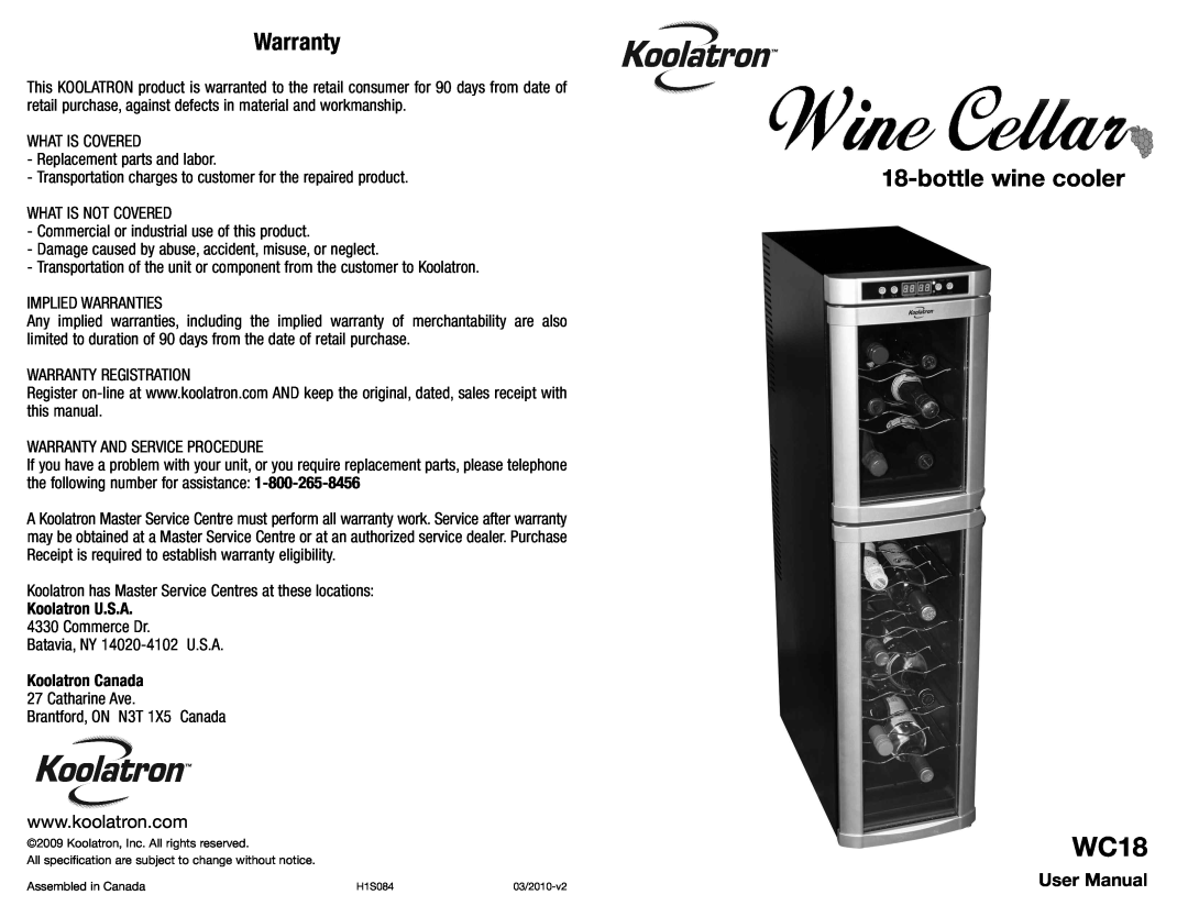 Koolatron WC18 warranty Warranty, bottlewine cooler, Koolatron U.S.A, Koolatron Canada 