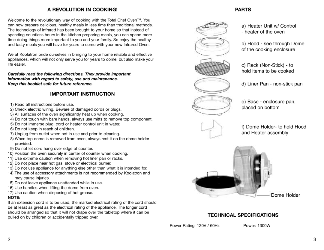 Koolatron Z100B warranty Revolution in Cooking, Important Instruction, Parts, Technical Specifications 