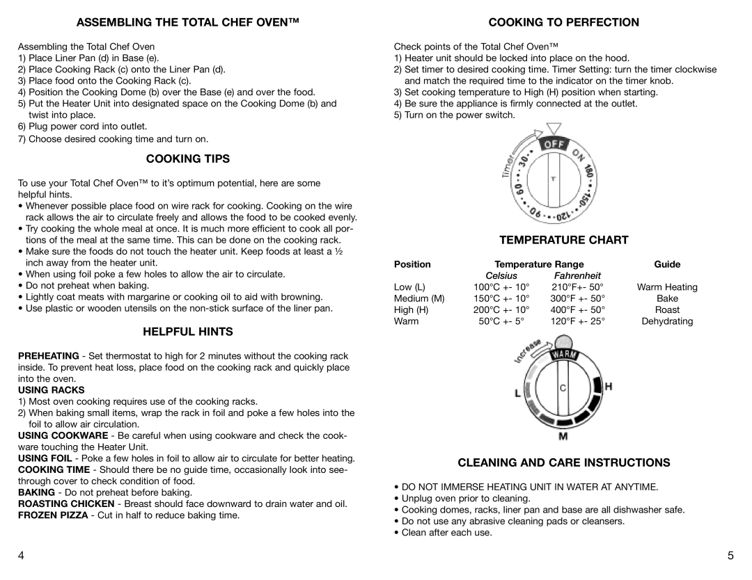 Koolatron Z100B Assembling the Total Chef Oven, Cooking Tips, Helpful Hints, Cooking to Perfection, Temperature Chart 