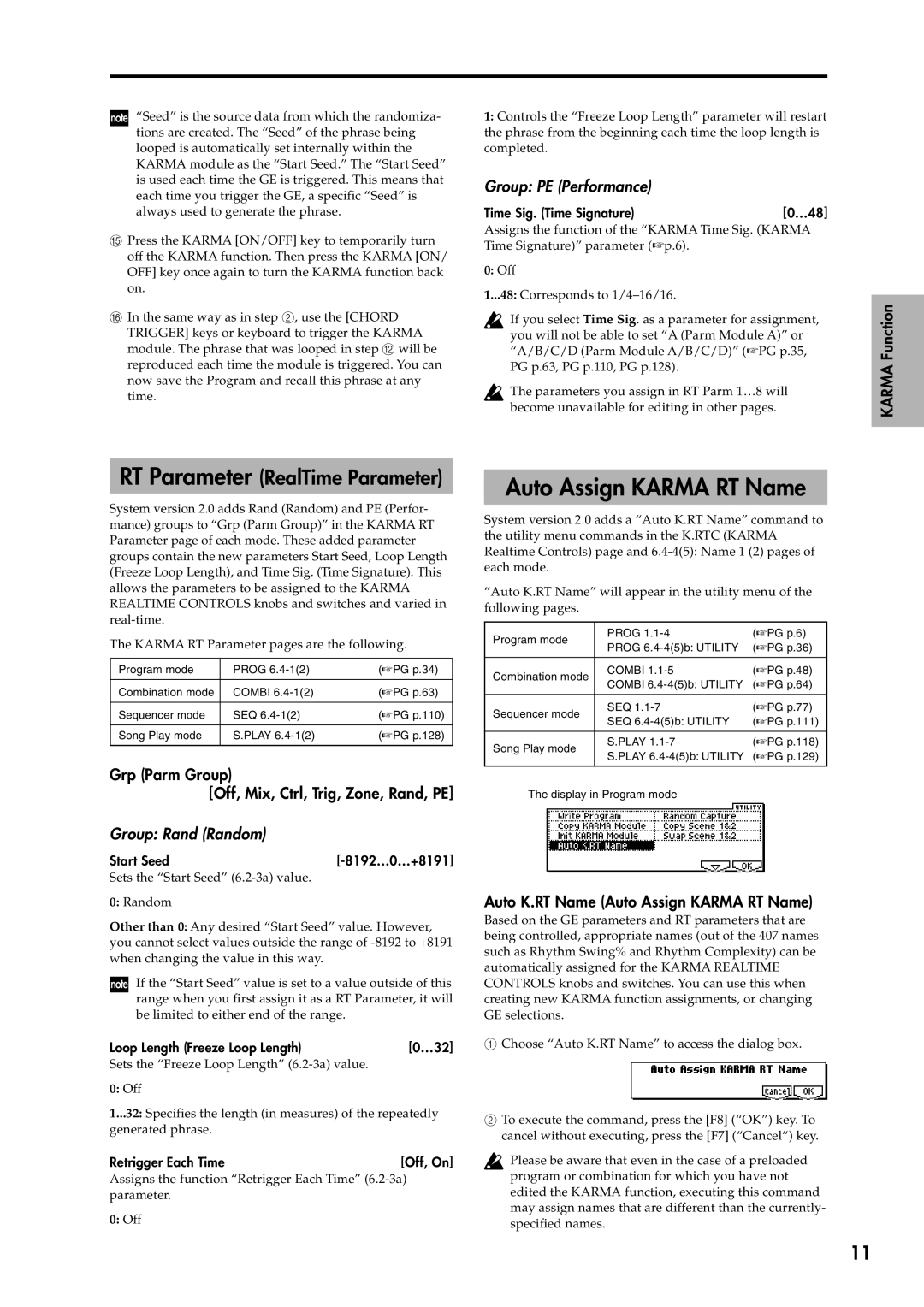 Korg 2 Auto Assign Karma RT Name, RT Parameter RealTime Parameter, Grp Parm Group Off, Mix, Ctrl, Trig, Zone, Rand, PE 