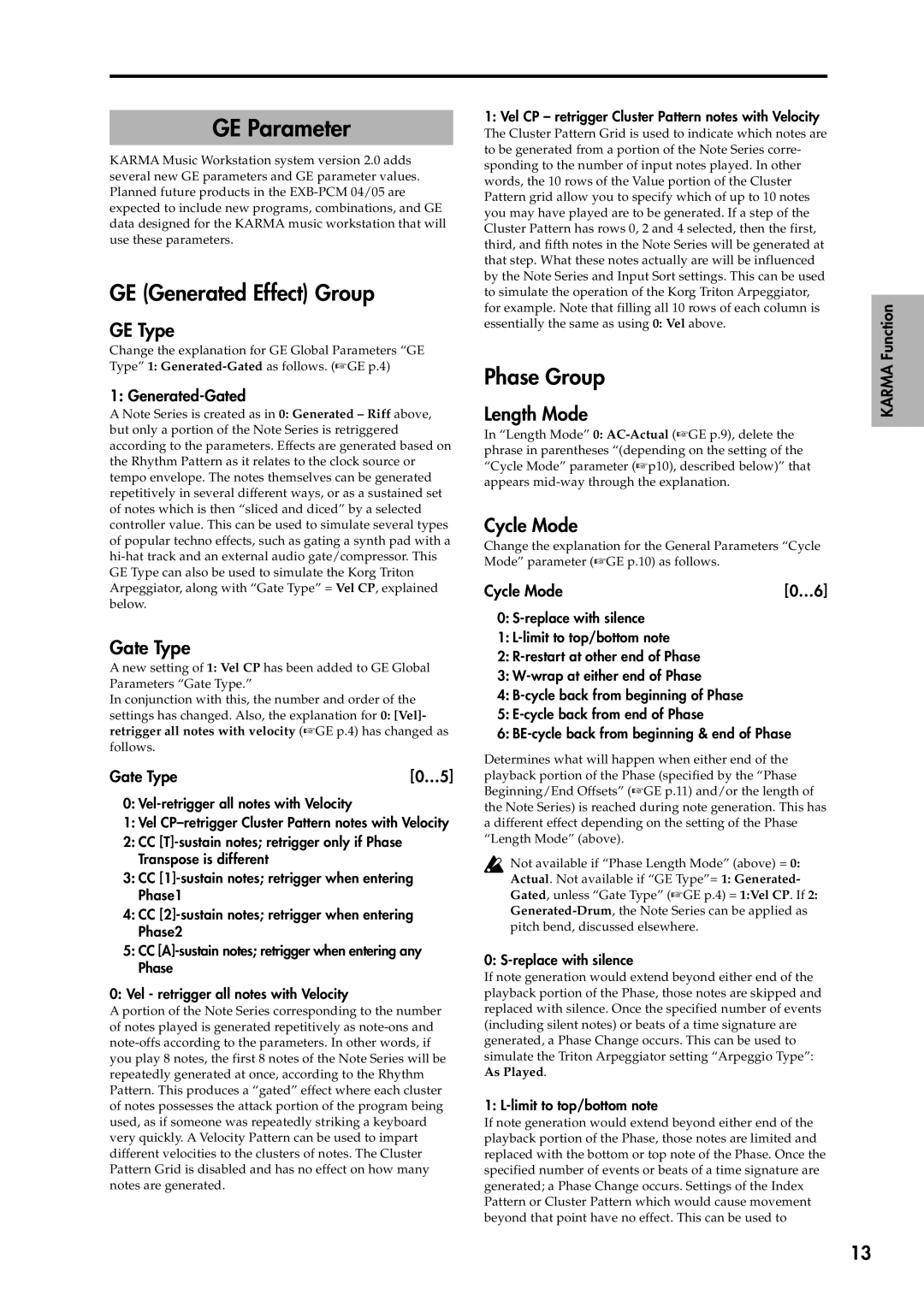 Korg 2 manual GE Parameter, GE Generated Effect Group, Phase Group 