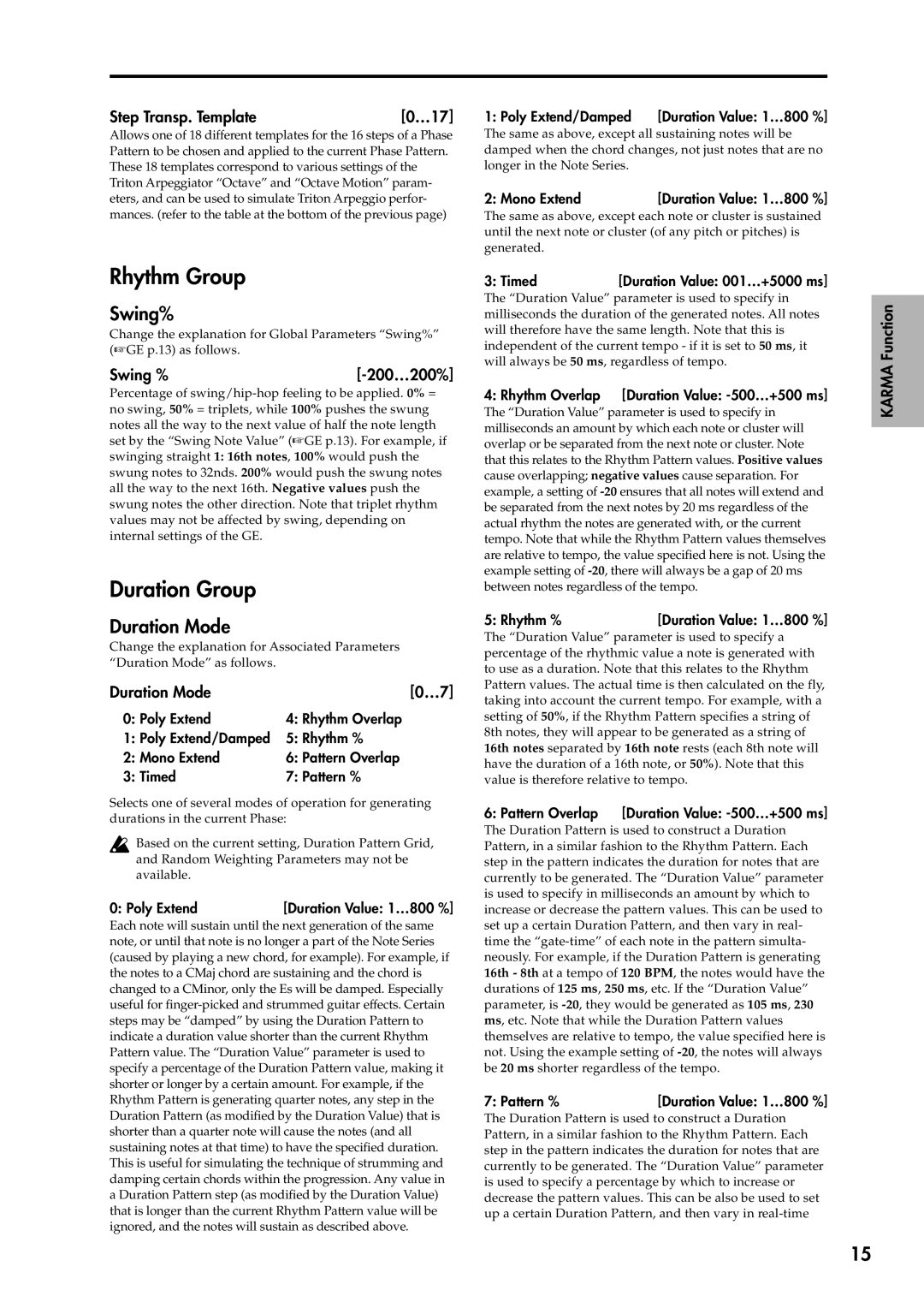 Korg 2 manual Rhythm Group, Duration Group, Swing%, Duration Mode 