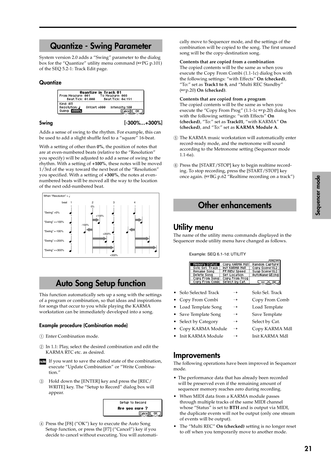 Korg 2 manual Quantize Swing Parameter, Other enhancements, Auto Song Setup function, Utility menu, Improvements 